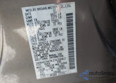 2007 Nissan Titan Le from USA, damaged, VIN 1N6BA07AX7N242082